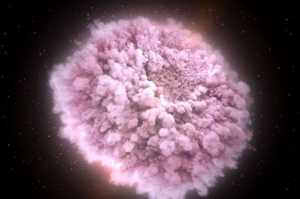 Плотное расширяющееся облако мусора после столкновения двух нейтронных звезд.
