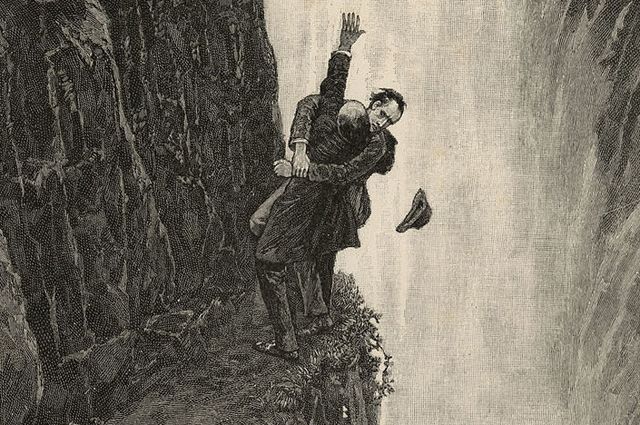 Шерлок Холмс и профессор Мориарти на водопаде Рейхенбах. Иллюстрация Сидни Пейджета к рассказу «Последняя проблема », появившаяся в журнале «Стрэнд» в декабре 1893 года. Фрагмент.