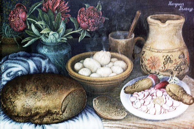 Репродукция картины «Завтрак» работы художницы Катерины Белокур.