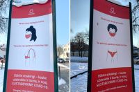 Плакаты на улицах Вильнюса убедительно и с юмором подчёркивают, что маску носить под носом - это не правильно.