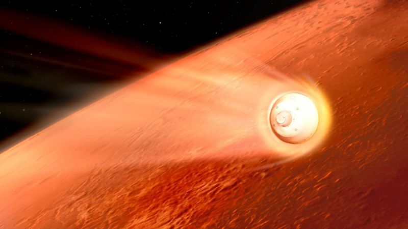 Изображение, иллюстрирующее вхождение марсохода в атмосферу Марса.