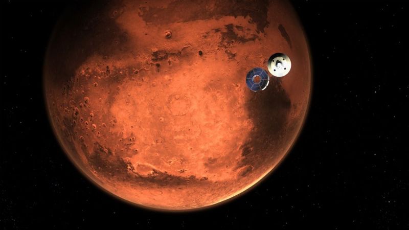 Изображение, иллюстрирующее ровер Perseverance перед вхождением в атмосферу Марса.