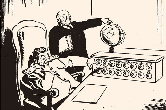 На карикатуре британского художника Дэвида Лоу Дядюшка Джо (Сталин) и Мистер Нет (Молотов) решают, какую бы ещё страну освободить из лап капитализма.