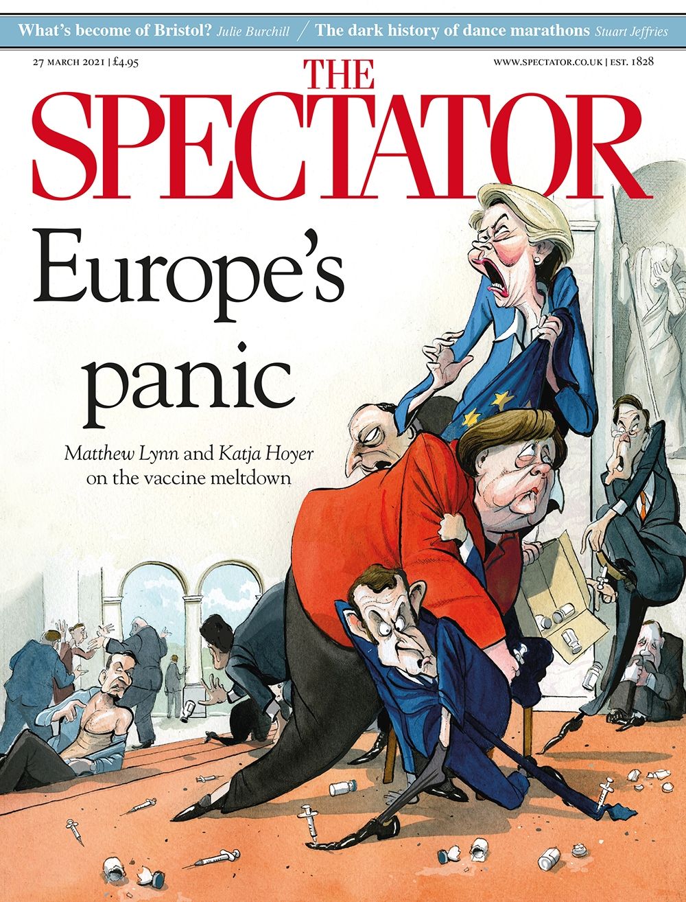 Тот же The Spectator за март вышел с обложкой «Европейская паника». Иллюстрация положения дел с вакцинацией в ЕС.