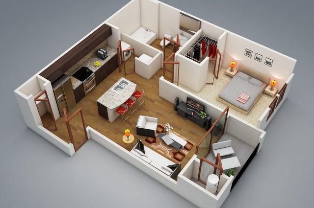 По сути, евродвушки — это те же однушки (квартиры с двумя изолированными помещениями: кухней и спальней), но с увеличенной площадью, позволяющей совместить кухню с гостиной.