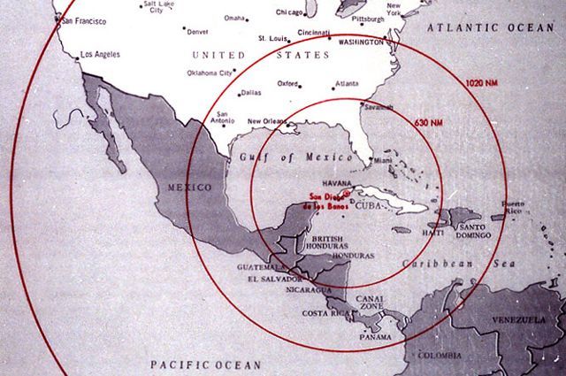 Радиус покрытия ракет, дислоцированных на Кубе.