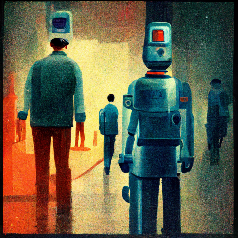 Перед вами излюбленная тема фантастов – роботы среди людей. Судя по уверенной походке машины среди людской толпы, киборг чувствует себя весьма уверенно.