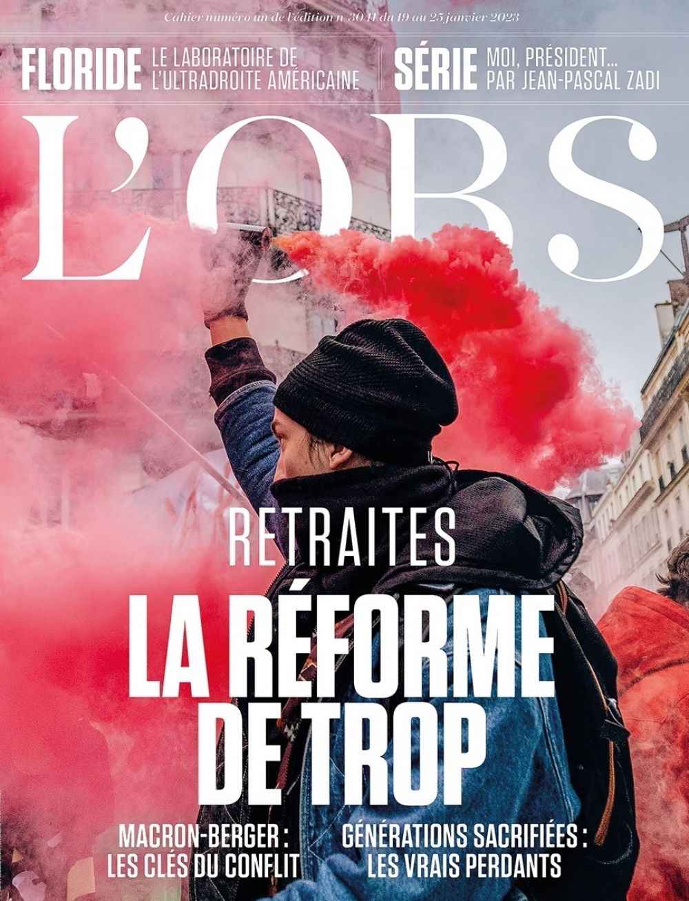 Обложка французского журнала L’Obs посвящена протестам против пенсионной реформы. Французы вышли на улицы против повышения пенсионного возраста с 62 до 64 лет и отмены особых пенсионных режимов для работников некоторых сфер.
