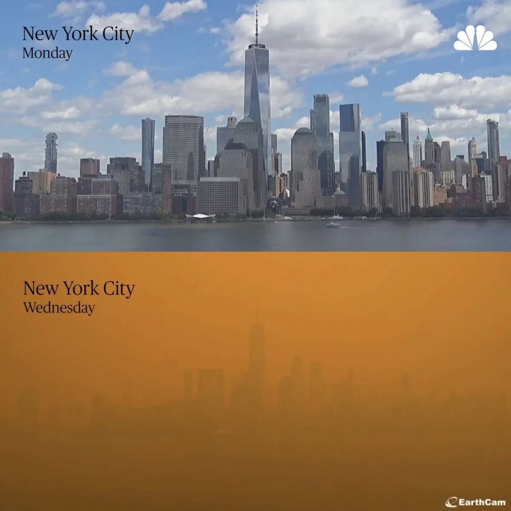 Смог «скрыл» город. Фотография Нью-Йорка в понедельник (до смога) и в среду (после). 