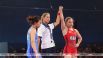 Белорусская спортсменка Кристина Сазыкина после поединка с вьетнамской соперницей Анх Тует Тран по вольной борьбе.