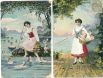 Вот две очень любопытных французских открытки с глубокой смысловой нагрузкой, выпущенные примерно в 1914 году. Это своеобразная серия. На одной изображена женщина с удочкой, которую гонит материнский инстинкт. Она пришла на водоем ловить не рыб, а детей. И оказалась отличной рыбачкой, что наглядно видно на второй открытке. В корзине сразу пятеро детишек. Художник мастерски очень тонко передал и тему материнства, и рыбалки, как богоугодного увлечения.