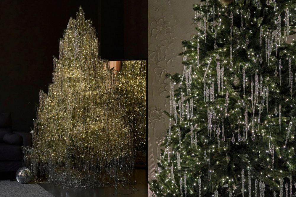 В моде и альтернативная ёлка - без массивных игрушек, но вся в «дождике» или стеклянных сосульках.