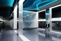 Станция «Переспа» будет выполнена в сине‑бирюзовой гамме — отсылка к некогда протекавшей здесь реке.  